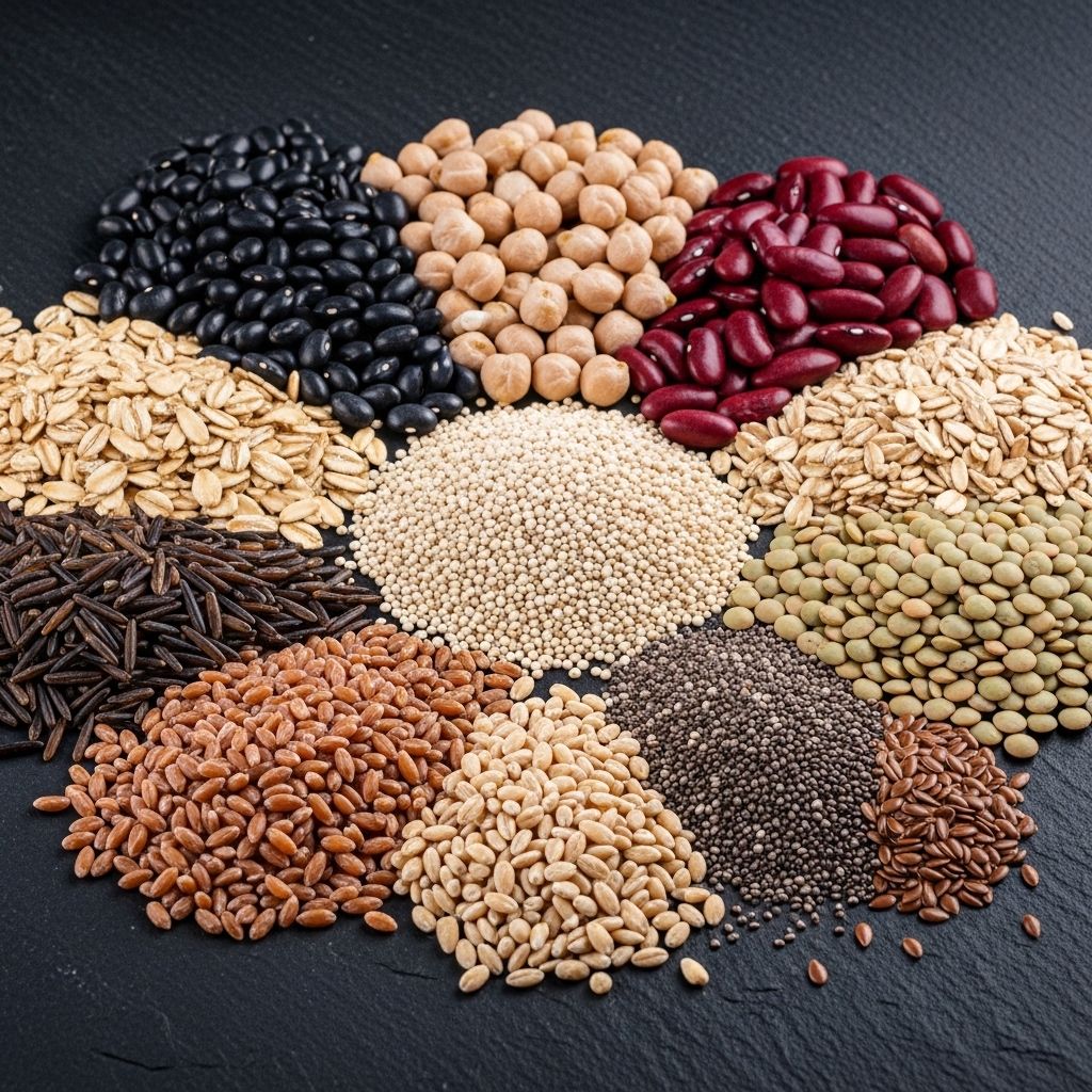 Céréales complètes, légumineuses et grains en assortiment coloré sur surface en pierre sombre, représentant la diversité des sources de glucides complexes dans l'alimentation