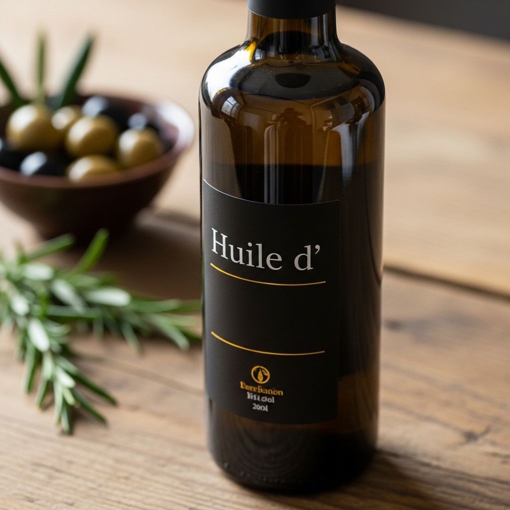 Huile d'olive vierge extra versée dans un bol en céramique blanche entouré d'olives noires et vertes sur fond de marbre blanc, évoquant les graisses végétales méditerranéennes