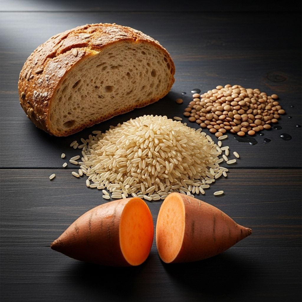 Sélection de glucides complexes : riz brun, pain complet, lentilles et patate douce disposés sur fond sombre avec éclairage naturel doux