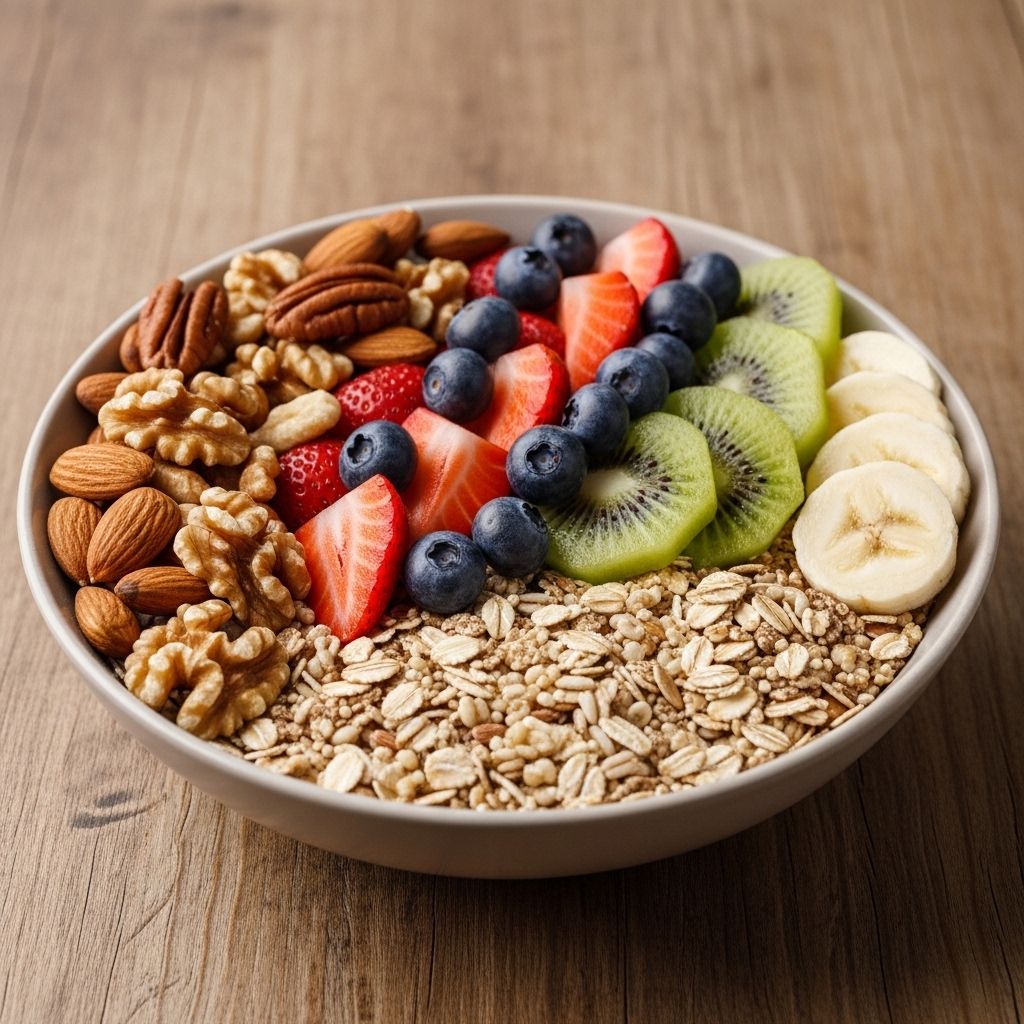 Bol de céréales complètes, noix et fruits frais disposés sur une table en bois, représentant une alimentation variée et équilibrée avec des nutriments diversifiés
