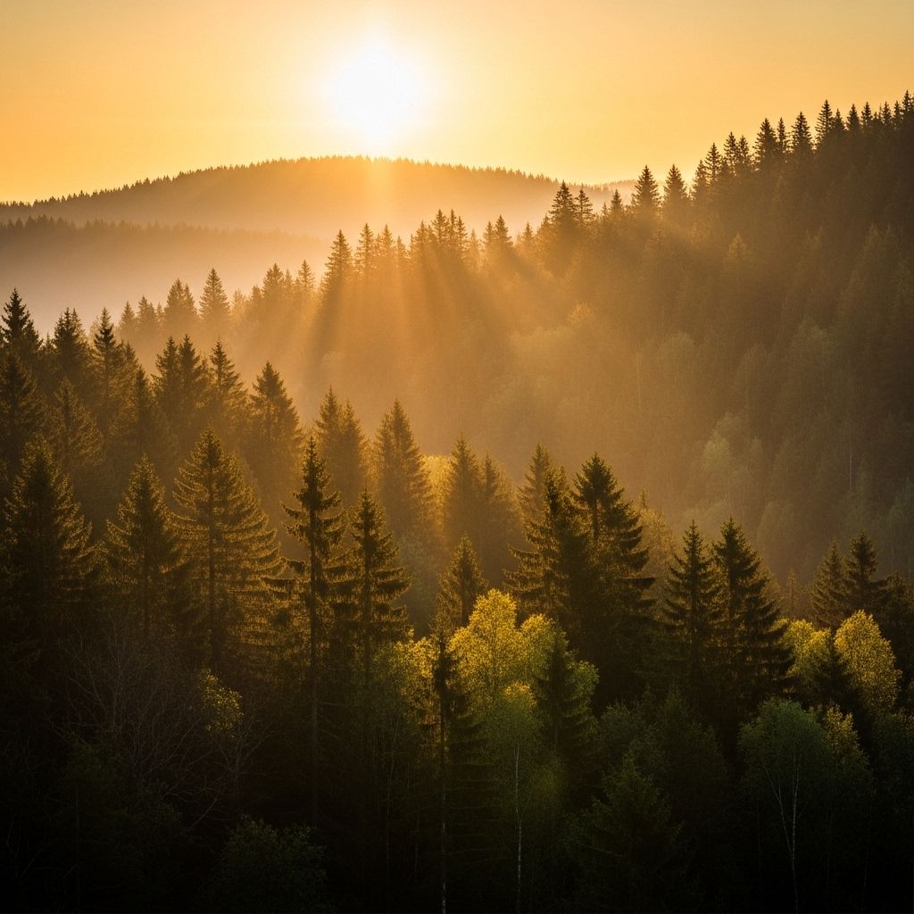 Paysage naturel au lever du soleil avec lumière dorée traversant une forêt dense, évoquant l'énergie vitale et l'équilibre naturel