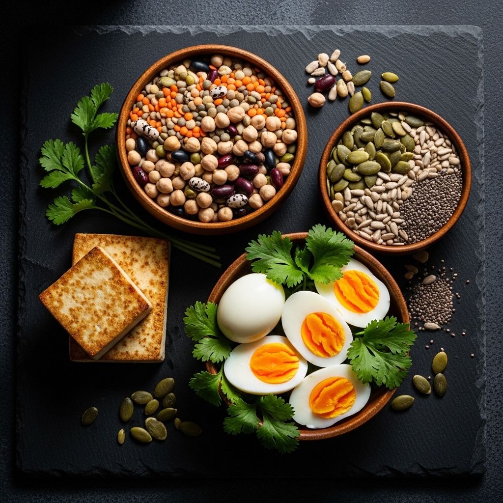 Aliments riches en protéines : légumineuses, graines, œufs et tofu disposés sur une surface en ardoise avec lumière latérale dramatique